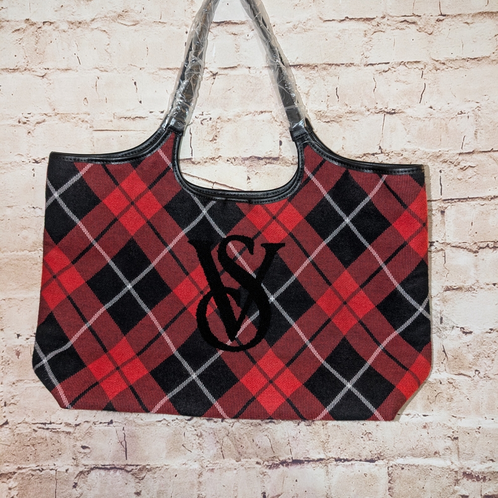 ~Victoria's Secret Red & Black Plaid Tartan Tote Bag - Brand New with Tags